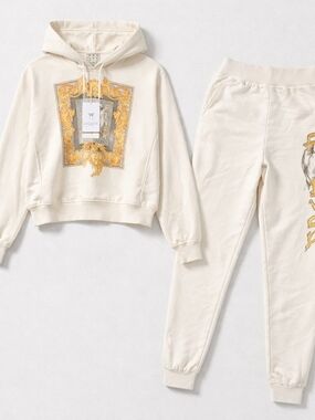 Ivory Graphic Hoodie & Jogger Set with Gold Baroque Print